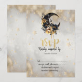 Hemelse Gouden Sterren Floral Moon RSVP Kaart (Voorkant / Achterkant)