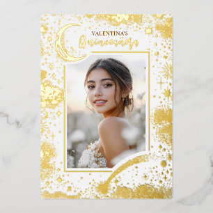 Hemelse Gouden Sterren Maan Nacht Quinceanera Foto Folie Uitnodiging