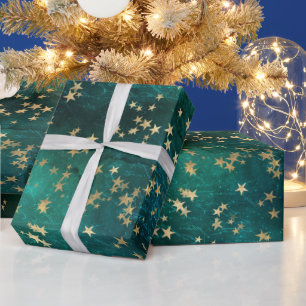 Hemelse Gouden Sterren op Teal Kleurige Achtergron Cadeaupapier