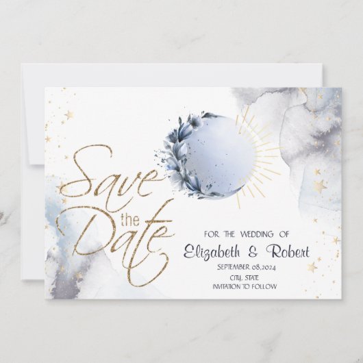 Hemelse Gouden Zon, Blauwe Maan, Sterren Save The Date (Voorkant)