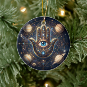 Hemelse Hamsa Hand & Boze Oog Kosmische Beschermin Keramisch Ornament