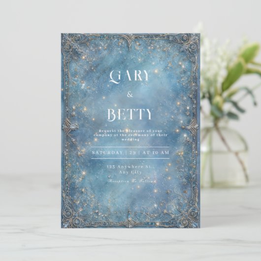 Hemelse IJsblauwe Stardust bruiloft uitnodiging (Staand voorkant)