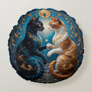 Hemelse Katten in Kosmische Kunst met Goud en Blau Rond Kussen