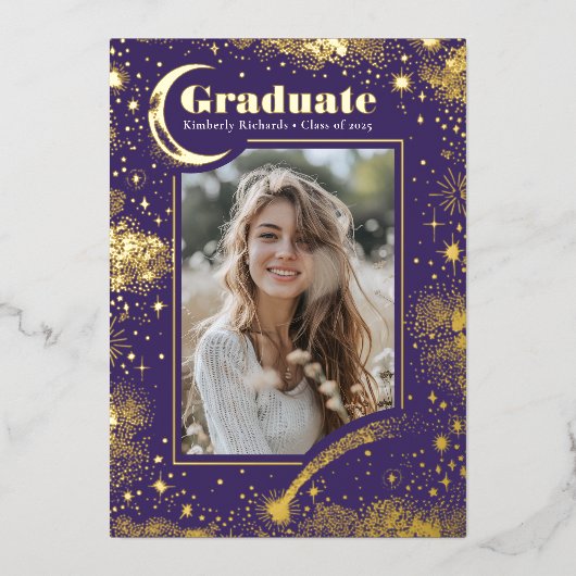 Hemelse Maan en Sterren Afstuderen Foto Afstuderen Folie Uitnodiging (Voorkant)