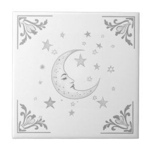 Hemelse Maan met Gezicht & Sterren Zilver en Wit Tegeltje