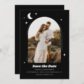 Hemelse Maan & Sterren. Moderne zwarte foto bruilo Save The Date (Voorkant / Achterkant)