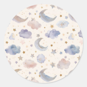 Hemelse Maan Sterren Wolken Pastel Lavendel Ronde Sticker