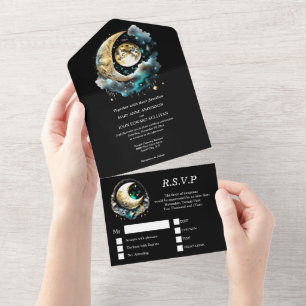 Hemelse maan sterrenhemel zwart blauw groen all in one uitnodiging