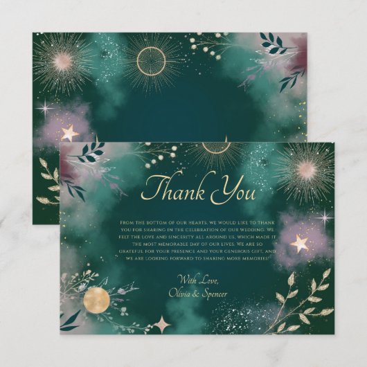 Hemelse Magische Maan & Sterren Emerald Wedding Bedankkaart (Voorkant / Achterkant)