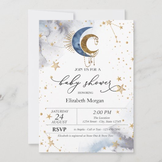 Hemelse manen, Sterren Baby shower Kaart (Voorkant)