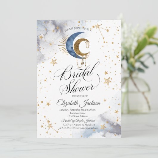 Hemelse manen, sterren bruids douche uitnodiging (Staand voorkant)