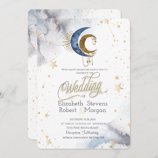 Hemelse manen, sterren chique bruiloft kaart (Voorkant / Achterkant)
