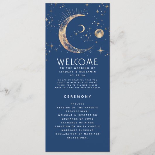 Hemelse Marine Blauw en Goud Trouwprogramma's Programma (Voorkant)