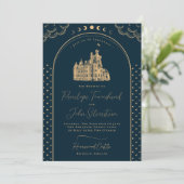 Hemelse Marine Blauw Goud Kasteel Wedding Kaart (Staand voorkant)