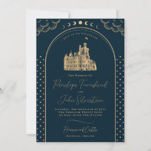 Hemelse Marine Blauw Goud Kasteel Wedding Kaart