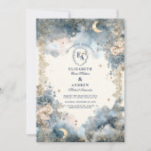 Hemelse marine en gouden bloemenbruiloft kaart (Voorkant)