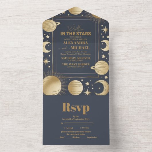 Hemelse Marine Gouden Halve Maan bruiloft All In One Uitnodiging (Binnen)