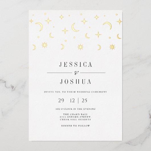 Hemelse minimalistische ster maan Elegant mystiek Folie Uitnodiging (Voorkant)