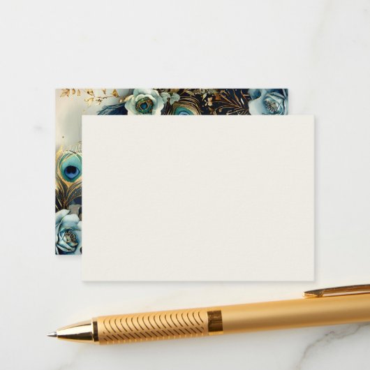 Hemelse pauwenveren Elegante bruiloft Informatiekaartje (Voorkant / Achterkant in situ)