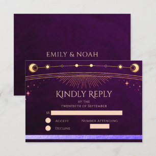 Hemelse Regenboog Deep Plum Sun Moon Stars Wedding RSVP Kaartje