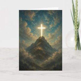 Hemelse religieuze kruis op een bergtop kaart