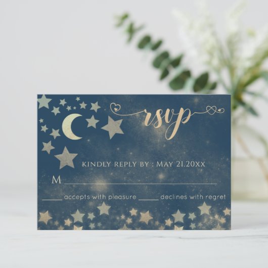 Hemelse romantische maan en sterren calligrafie RS RSVP Kaartje (Staand voorkant)