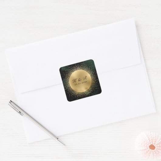 Hemelse Smaragd Gouden Maan Bruiloft Vierkante Sticker (Envelop)