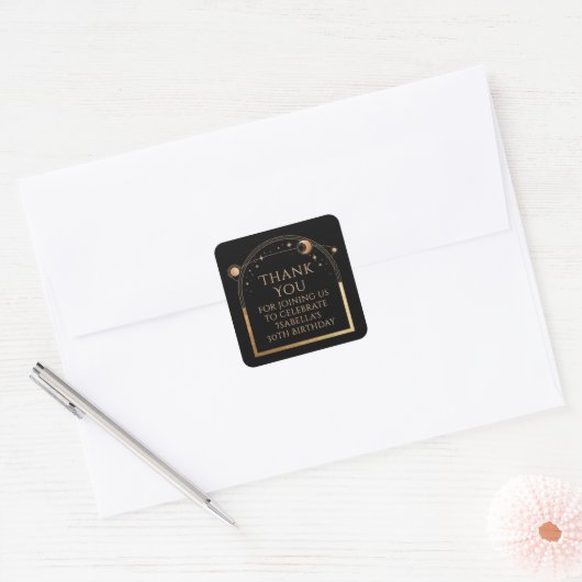 Hemelse Verjaardag Zwart Goud Dank u Vierkante Sticker (Envelop)