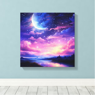 Hemelse Volle Maan Sterren Wolken Mystiek Paarse Canvas Afdruk