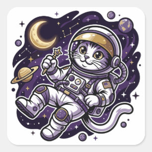 Hemelse Voyager: Paarse Astronaut Kat Ruimte Masco Vierkante Sticker