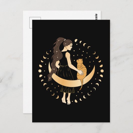 Hemelse vrouw met kat op de maan briefkaart (Voorkant / Achterkant)