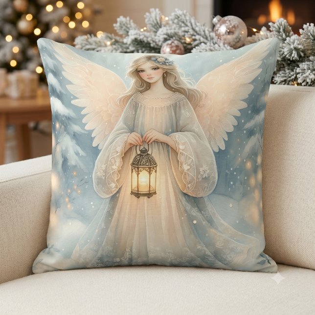 Hemelse Winter Engel Lantaarn van Genade Kussen (Celestial Winter Angel Lantern of Grace Throw Pillow)