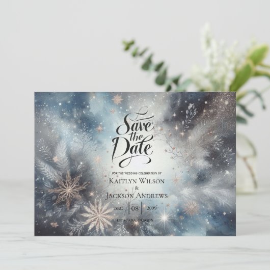 Hemelse Winter Midnight Sparkle Wedding Save The Date (Staand voorkant)