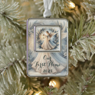 Hemelse Winterengel Lantaarn van Vrede Verzilverd Kader Ornament