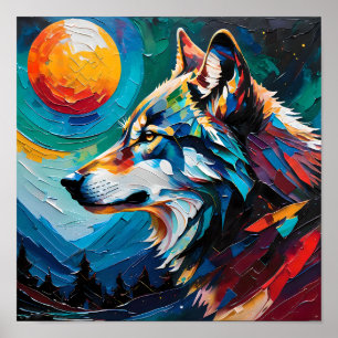 Hemelse Wolf Onder Geschilderde Maan – Abstract Poster
