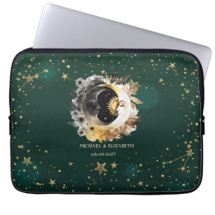Hemelse Zon En Maan Bloemen Sterren Groen Laptop Sleeve