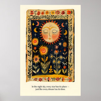 Hemelse Zon en Maan Kunstprint Folk Art Boheems Poster