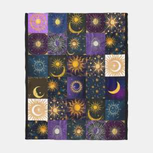 Hemelse Zon Maan Fasen Patchwork Boho Mystieke Fleece Deken