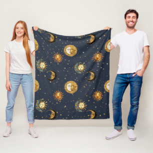 Hemelse Zon & Maan Gouden Sterrennacht Patroon (2) Fleece Deken