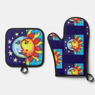 Hemelse Zon Maan Nineties Kunstzinnige Patroon Ovenwant & Pannenlap Set