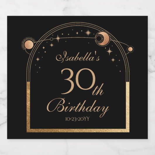 Hemelse Zwarte Gouden Zon Maan Sterren 30e Verjaar Sparkling Wijnetiket (Enkel label)
