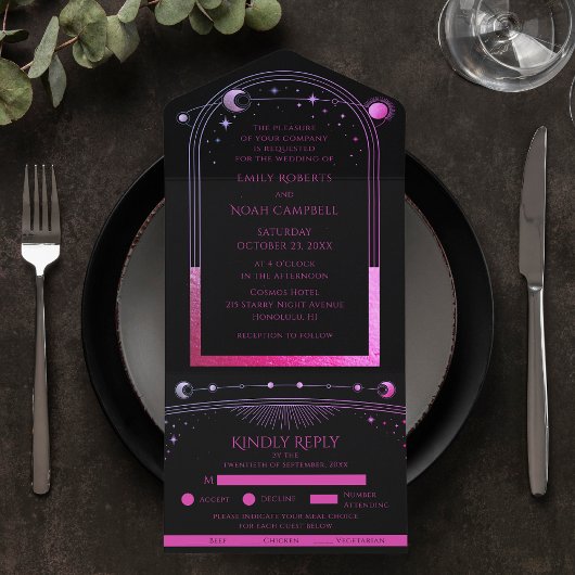 Hemelse Zwarte Paarse Zon Astronomie bruiloft All In One Uitnodiging