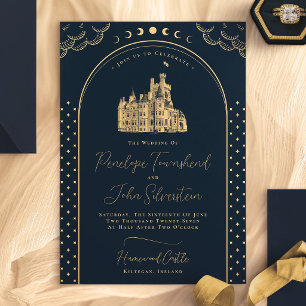 Hemelvaart Marineblauw Gouden Vintage Kasteelhochz Kaart