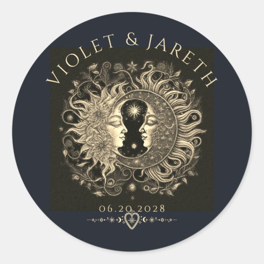 Hemelzon Maan Sterren Bruiloft  Ronde Sticker (Voorkant)