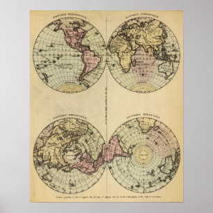 Hemisferes Handkleurige atlaskaart Poster