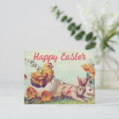  Hen en Bunny Carriage Pasen Feestdagenkaart (Staand voorkant)