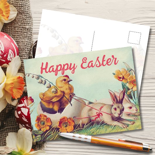  Hen en Bunny Carriage Pasen Feestdagenkaart
