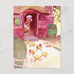 Hen in het roze huis die naar de kippen kijkt briefkaart