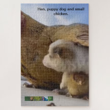 Hen, puppy hond ​​en kleine kip puzzel.