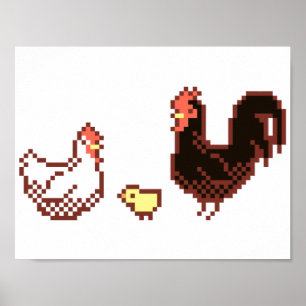 Hen, roster en chick Pixel Poster